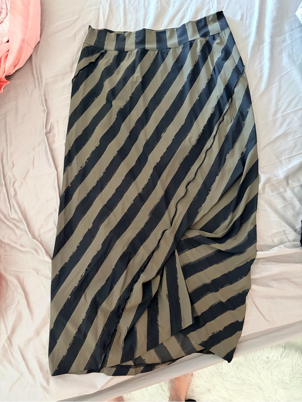 Porto Striped Olive and Black Wrap Midi Skirt